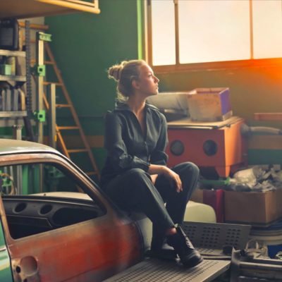 an woman in a garage